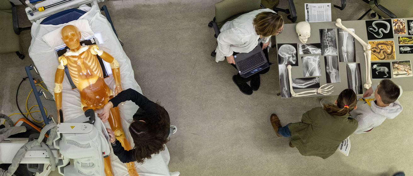 Rad tech students learning scanning techniques on a dummy
